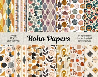 Boho Digital Papers, Bohemian Seamless Pattern for Scrapbooking and Junk Journal, Boho Backgrounds Boho Patterns, Commercial Use Papers PNG