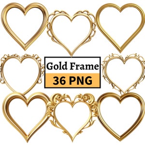 Clipart di cornici a cuore dorato, pacchetto PNG cuore dorato di San Valentino, clipart cornice di San Valentino, set PNG di illustrazioni di San Valentino