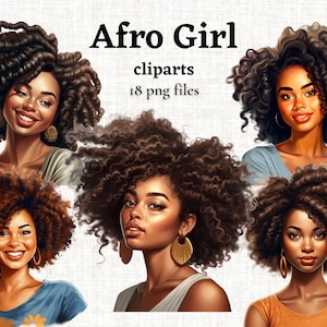 Clipart ragazza afro, clipart capelli afro, clipart ragazza nera, ragazza afroamericana PNG, illustrazione ragazza africana, pacchetto PNG ragazza afro nera