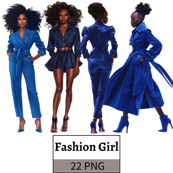 Fashion Girl in Indigo Clipart, 2020s Girl Illustration, Fashion Ladies PNG African American Girl, Black Queen paper crafts junk journals