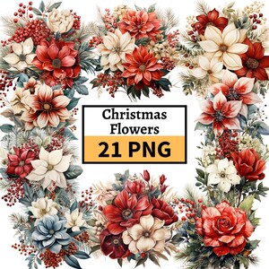 Clipart de flores de Natal, buquês de Natal, clipart de guirlanda de Natal para cartões de Natal, criação de cartões, sublimação, artesanato em papel digital