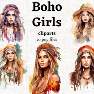 Boho Girls Clipart, Boho Girl PNG, Boho Fashion Image, Boho Clipart, Boho Women PNG, Aquarelle Boho PNG, Mixed Media, Paper Crafts
