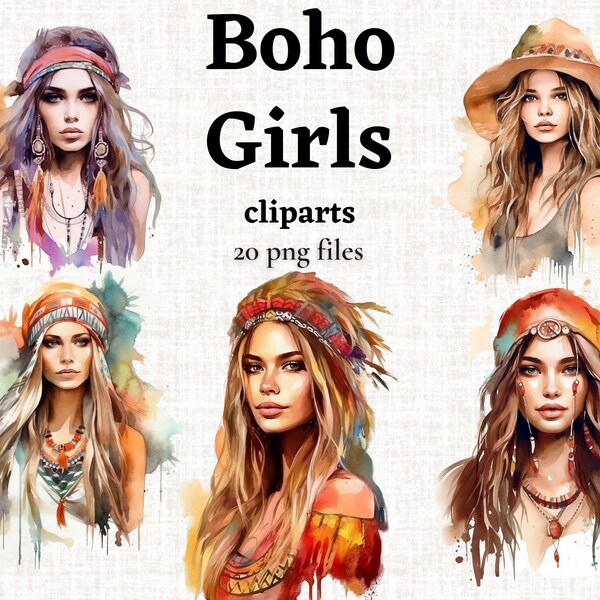 Boho Girls Clipart, Bohemian Girl PNG, Bohemian Fashion Image, Boho Clipart, Boho Women PNG, Watercolor Boho PNG, Mixed Media, Paper Crafts