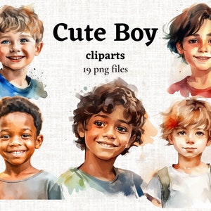 Niedliche Jungen Clipart, Aquarell Jungen PNG, niedliche Kinder Clipart, Junge Clipart, eingeschulter Junge Bild, lächelnde Jungen Grafiken, verschiedene Kinder Cliparts