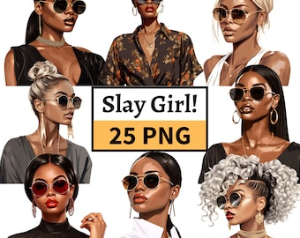 Slay Girl Clipart, 2020s Girl Illustration, Fashion Ladies PNG, African American Girl, Black Queen Graphics for paper crafts, junk journals