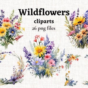 Watercolor wildflower clipart bundle Floral wreath borders PNG High-resolution transparent wildflowers Digital download wildflower elements