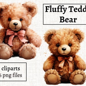 Paquete de imágenes prediseñadas de oso de peluche esponjoso, ilustración de oso de peluche de acuarela, lindo oso de peluche PNG, oso de peluche vintage, paquete de imágenes prediseñadas de baby shower