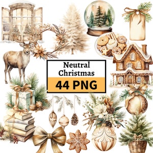 Pacote de clipart de Natal natural, Natal de cor neutra, clipart de férias de Natal aconchegante, rena de árvore de Natal Bege Natal imagem PNG