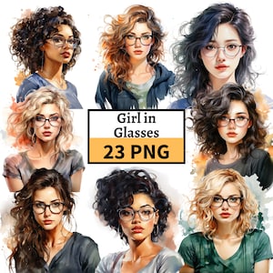 Girl with Glasses Clipart, Fashion Girl Clipart, Glasses Illustration, Watercolor Woman Graphics, Black Girl Clipart, Asian Girl, Blond Hair