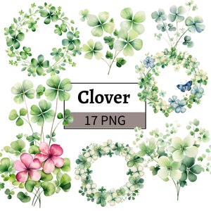 Acuarela Trébol Clipart Día de San Patricio PNG Paquete San Patricio Ilustración irlandesa Shamrock Clipart Trébol Gráfico Corona de trébol de la suerte
