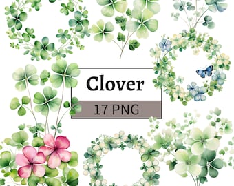 Watercolor Clover Clipart St. Patrick's Day PNG Bundle Saint Patricks Irish Illustration Shamrock Clipart Clover Graphic Lucky Clover wreath