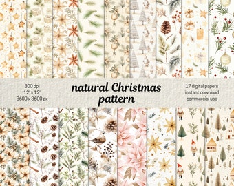 Papel digital navideño, patrones navideños naturales, papel neutral para álbumes de recortes navideños, papeles digitales para scrapbooking, páginas de diarios basura