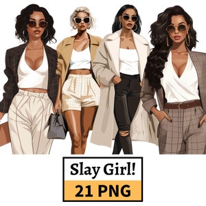 Slay Girl Clipart, 2020s Girl Illustration, Fashion Ladies PNG, African American Girl, Black Queen Graphics for paper crafts, junk journals