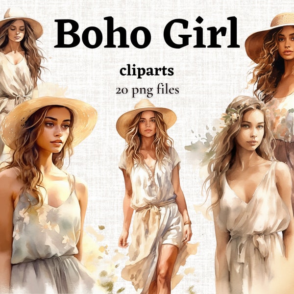 Boho Girl Clipart, Natürliches Mädchen PNG, Natürlicher Sommer Mädchen, Neutrale ästhetische Modebilder, Sommermode für Frauen Grafiken, Boho Stil