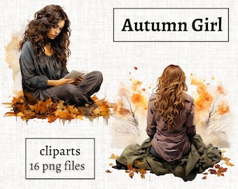 Autumn Girl Clipart, Watercolor Fall Girl Clipart Bundle, Fall Fashion PNG, Autumn Vibes Illustration, Falling Leaves Graphics, Fall Scenery