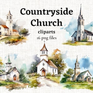 Countryside Church Clipart, Church Clipart Bundle, Catolic Church Image, Watercolor Church PNG. Instant Download, Commercial Use Graphics