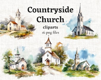 Countryside Church Clipart, Church Clipart Bundle, Catolic Church Image, Watercolor Church PNG. Instant Download, Commercial Use Graphics