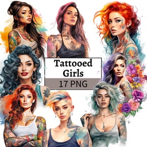 Clipart De Menina Tatuada, Clipart De Menina Com Tatuagem, Pacote De Clipart De Tatuagem, Ilustração Criativa De Menina, Gráficos De Menina Rebelde, Menina De Cabelo Rosa PNG