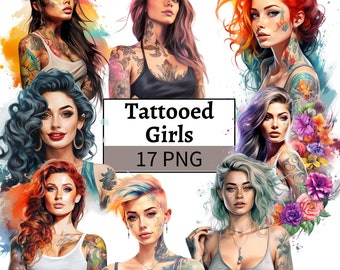 Tätowierte Mädchen Clipart, Mädchen mit Tattoo Clipart, Tattoo Clipart Bundle, Kreative Mädchen Illustration, Rebel Mädchen Grafiken, Rosa Haare Mädchen PNG