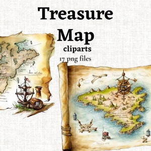 Vieux trésor carte Clipart Bundle, aquarelle vieille carte Clipart, dessins de carte vintage, aquarelle carte PNG, Clipart nautique, téléchargement immédiat PNG