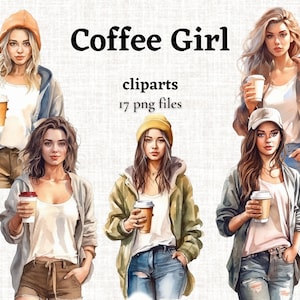 Coffee Girl Clipart, Girl with a cup of Coffee PNG, Morning Coffee Clipart, Coffee to go graphics, Coffee Lover Clipart Bundle, Commercial