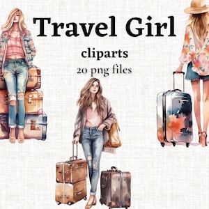 Travel Girls Clipart Bundle Maleta Cliparts Wanderlust Ilustraciones Viajes PNG Uso comercial Imágenes de viaje Chica con maleta Cliparts