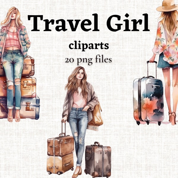 Reizen meisjes clipart bundel koffer cliparts Wanderlust illustraties reizen PNG commercieel gebruik reizen beelden meisje met koffer cliparts