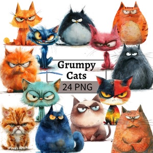 Bundle de cliparts chat grincheux Graphiques de chat drôle chat en colère Clip Art animaux drôles PNG papier Artisanat numérique Journal indésirable chat amoureux des chats Kitty chaton
