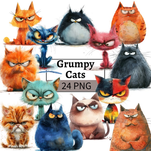 Grumpy Cat Clipart Bundle Funny Cat Graphics Angry Cat Clip Art Funny Animals PNG Paper Digital Crafts Junk Journal Cat Lovers Kitty Kitten