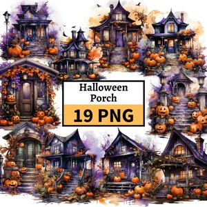 Watercolor Halloween Porch Clipart, Purple Halloween Graphics, Spooky Clip Art, Printable Graphics, Transparent Background, Commercial Use