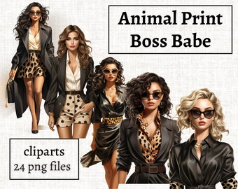 Leopard Print Boss Babe Clipart, Lady Boss Clipart Bundle, Animal Print Fashion PNG, Fashion Girl Illustration, Business Woman Clipart Set