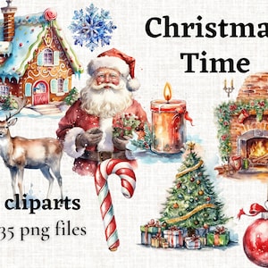Kersttijd clipart, aquarel kerst clipart bundel, geschilderde kerst clipart PNG graphics Instant Download voor commercieel gebruik
