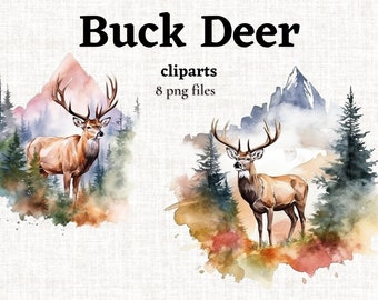 Watercolor Buck Deer Clipart Bundle, Mountain Landscape Clipart, Mountain Clipart, Buck Deer PNG, Digital Paper, Junk Journal, Commercial