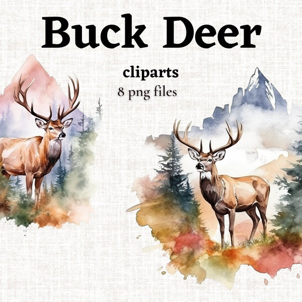 Watercolor Buck Deer Clipart Bundle, Mountain Landscape Clipart, Mountain Clipart, Buck Deer PNG, Digital Paper, Junk Journal, Commercial