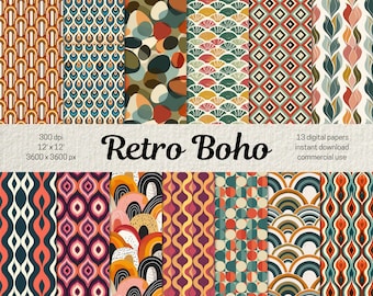Retro Boho Digital Papers, Bohemian Seamless Pattern for Scrapbooking Junk Journal, Boho Backgrounds Boho Patterns, Commercial Use Papers