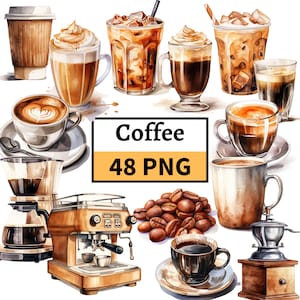 Pacote de clipart de café, clipart de café em aquarela, ilustração de bebidas de café Cabine de moedor de máquina de café, conjunto PNG de cappuccino expresso