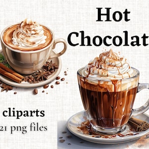 Pacchetto di clipart di cioccolata calda, PNG di cioccolata calda ad acquerello, immagini di collage di Natale, grafica della stagione autunnale, diario della spazzatura invernale, clipart di cibo