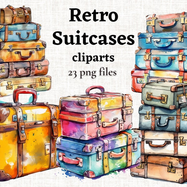 Vintage koffer clipart, reiskoffer clipart PNG, vakantie clipart bundel, scrapbooking papier digitale ambachtelijke, transparante PNG commerciële