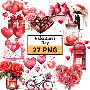 Watercolor Valentines Day Clipart Bundle, Valentine Clipart, Valentine Hearts PNG, Love Clipart, Balloons scrapbooking junk journal Graphics