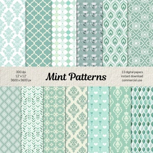 Papeles digitales de menta, patrón minimalista sin costuras para scrapbooking y diario basura pastel bebé azul fondo floral, uso comercial verde azulado
