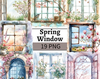 Watercolor Spring Window Floral Window Clipart Spring Illustration Spring Flowers PNG Transparent Background for Paper Crafts Junk Journal