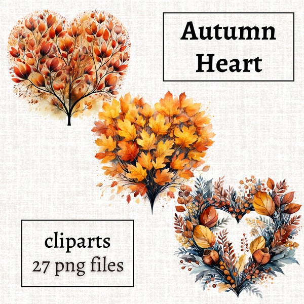 Autumn Heart Clipart Bundle, Fall Season Clipart, Autumn Decorations PNG, Autumn Leaves, Fall Flower Heart, Thanksgiving Clipart, Commercial