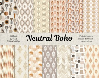 Boho Digital Papers, Bohemian Seamless Pattern for Scrapbooking Junk Journal, Boho Backgrounds Boho Patterns, Neutral Aesthetics Beige paper
