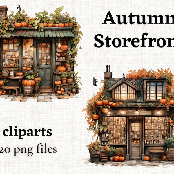 Watercolor Storefront Clipart Bundle, Cozy Autumn Clipart, Autumn Shop Decorations PNG, Fall Clipart, Cute Fall Shops, Autumn Shopping PNG