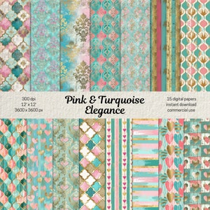 Lot de papiers numériques élégants, rose turquoise, or, arrière-plans transparents, motif damassé, rayures abstraites, texture vieillie, papiers shabby chic