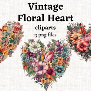 Aquarell Blumen Herz Clipart, Vintage Blumen Clipart, Valentinstag PNG, Vintage Herz PNG, Valentinstag Sublimationsdesign, Liebe PNG