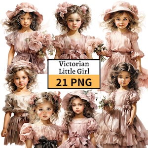 Rosa viktorianisches kleines Mädchen Clipart Bundle, Aquarell Vintage Mädchen PNG, viktorianische Mode, Vintage Mode Illustrationen, Kartenherstellung