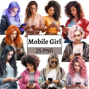Paquete de imágenes prediseñadas de chica móvil PNG Chica con ilustración de teléfono Gráficos modernos de adolescente Chica afroamericana PNG iPhone Mujer Cliparts PNG