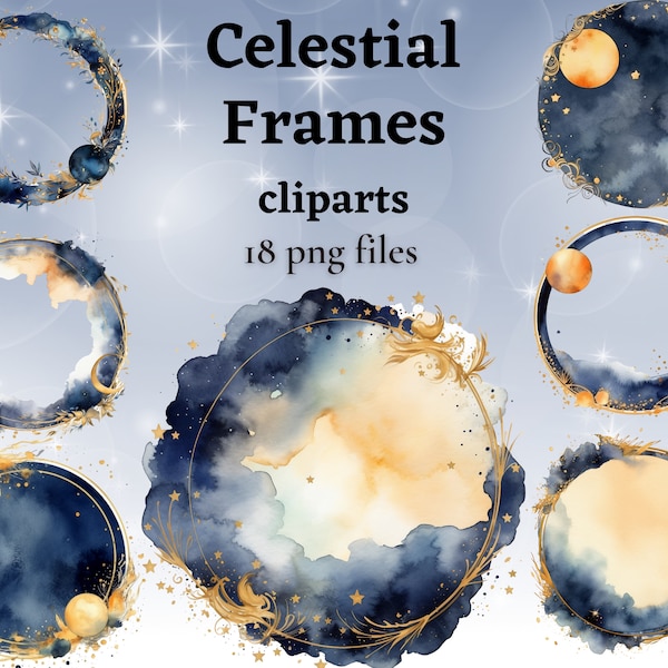 Watercolor Celestial Frame Clipart bundle, gold and navy blue stars and moon, cosmic frames clipart, image border clipart, night sky art png