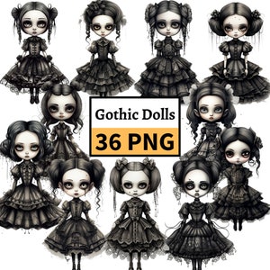 Gothic Dolls Clipart Bundle, Halloween Girls Illustration, Spooky Dolls PNG, vintage Dolls Clipart, Décorations de la saison d’Halloween, Commercial